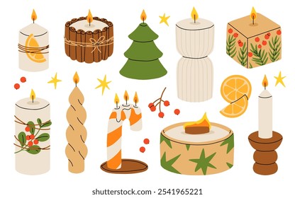 Christmas candles. Cartoon xmas decor burning candles, winter holidays wax candles with Christmas decorations, Noel home interior decor flat vector illustration set. Xmas candles collection