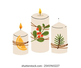 Christmas candles. Cartoon xmas decor burning candles, winter holidays wax candles with Christmas decorations, Noel home interior decor flat vector illustration set. Xmas candles collection