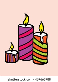 Christmas candles doodling, set of 3 candles on a red background 2017
