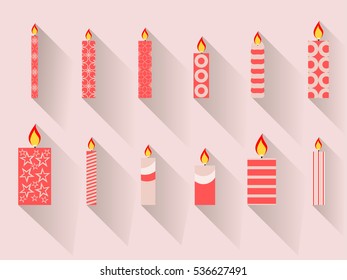 Christmas candles in a flat design with long shadow. Vector illustration.
