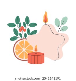 Christmas candles. Hand drawn candles with Christmas floral decorations and orange. Winter design. Vector illustration in flat style