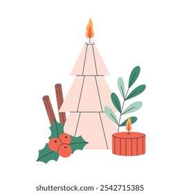 Christmas candles. Hand drawn candles with Christmas floral decorations and cinnamon. Winter design. Vector illustration in flat style