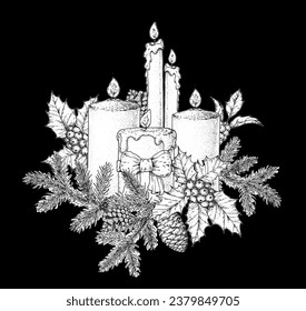 Christmas candles, holly berries, fir twigs and cones. Christmas and New Year holiday. Hand drawn sketch, vector illustration. Greeting card. Christmas decoration.