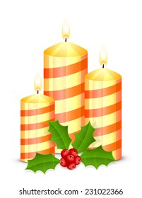 Christmas candles and holly berry isolated on white background, illustration.