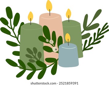 Christmas Candles With Leaves Branches Vector Illustration