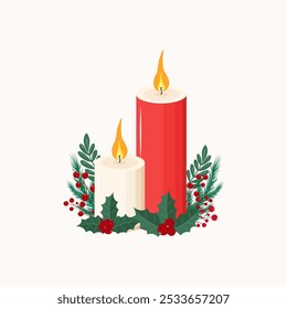 Christmas candles with mistletoe. Vector illustration.