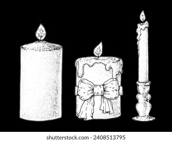 Christmas candles. Christmas and New Year holiday. Hand drawn sketch, vector illustration. Greeting card. Christmas decoration. Christmas candles