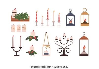 Christmas candles on candlesticks, holders, in lanterns. Xmas light decoration set. Candlelight, lamps, festive flame, holiday ornament. Flat graphic vector illustrations isolated on white background