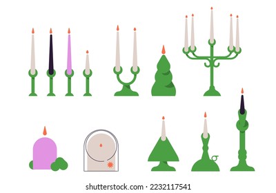 Christmas candles on candlesticks, holders. Xmas light decoration set. Candlelight,  festive flame. Flat graphic vector illustrations isolated on white background