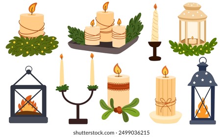 Christmas candles on candlesticks, holders, in lanterns. Xmas light decoration set. Candlelight, lamps, festive flame, holiday ornament. Flat graphic vector illustrations isolated on white background