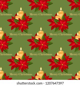 Christmas candles with Poinsettia Christmas flower and Merry Christmas text ornate seamless pattern on green background. Design for winter holidays greeting season wrapping papers etc. 