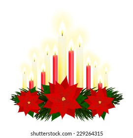 Christmas candles with poinsettia flowers and fir tree branches
