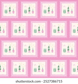 Christmas candles seamless pattern. Pink patchwork festive endless background. Quilted holiday repeat cover. Winter preppy continuous ornament. Vector hand drawn illustration.