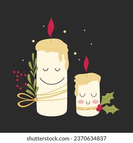 Christmas candles with a serene and peaceful expression. Cute hand drawn vector mascot design.