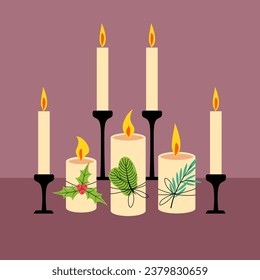 Christmas candles set. Festive decor and comfort in the house. Candles for the feast and the altar. Winter postcard concept. Vector flat illustration.