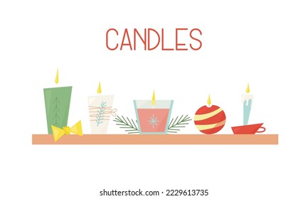 Christmas candles set in flat style standing on a shelf with pine branches and a bow