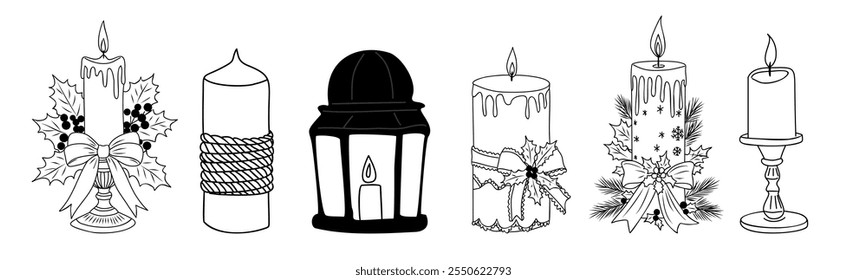 Christmas candles set with ribbon bows and pine and holly branches. Outline hand drawn sketch line art Vector illustrations isolated on white background	