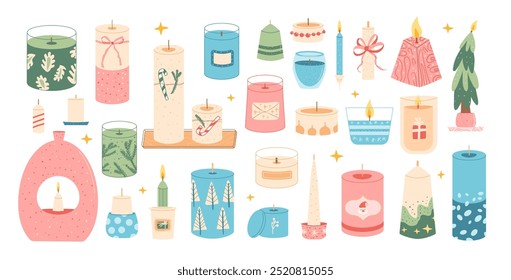 Christmas candles set. Vector hand drawn collection illustration isolated on white background.