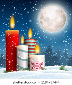 Christmas candles in snowy landscape, with big shinny moon on night sky, vector illustration, eps 10 with transparency