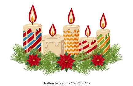 Velas de Natal com padrões listrados cercados por ramos de pinheiro e flores de poinsettia. Ilustração festiva de férias sobre fundo branco. Conceito de decoração de Natal e inverno.