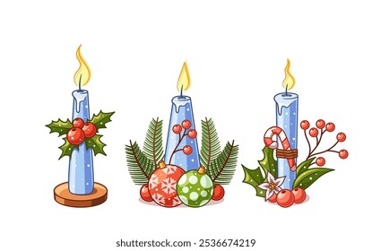 Christmas Candles Surrounded By Holly Berries, Ornaments And Evergreen Branches Symbolizing Warmth