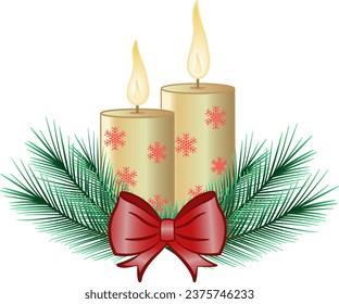 Christmas Candles with Christmas Tree Branches and Bow. Vector Illustration of Christmas Decoration