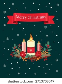 Navidades de velas con ramas de árboles de Navidad, bayas de invierno, ramas decorativas, poinsettia. Linda tarjeta de felicitación vintage. Navidades de diseño simple y hermoso. Cartel retro de Vector, cubierta, fondo