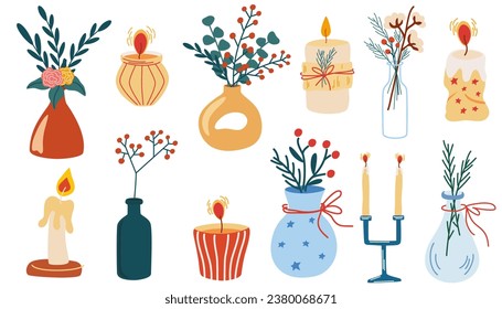 Christmas candles and vases with flowers. Christmas Home Decor set. Christmas toys. Cozy winter time. Cartoon vector illustration.