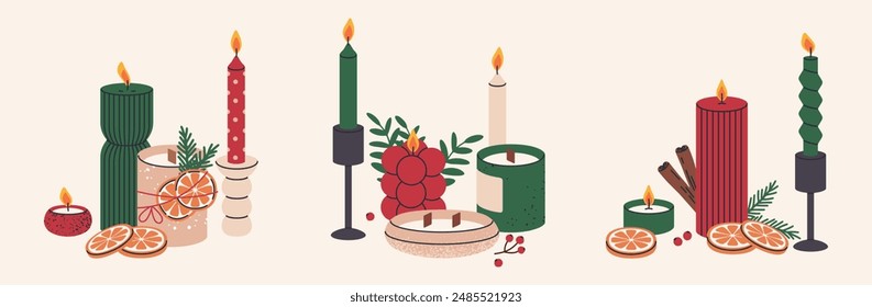 Christmas candles. Xmas scented candles with Christmas decorations, aroma wax candle for holiday home decor flat vector illustration. Winter holidays aromatic candles