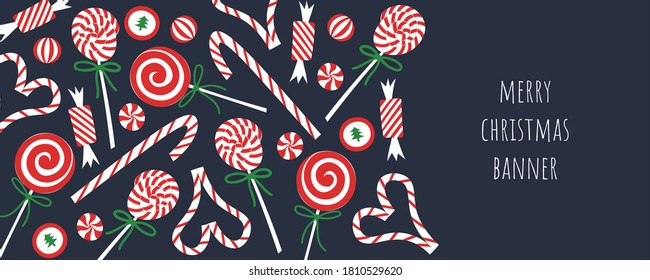 Christmas candy banner. Horizontal vector flyer template for xmas and new year celebration. Flat hand drawn sweets: cane, lollipop, bonbons. Perfect for sale offer, web site or event invitation.