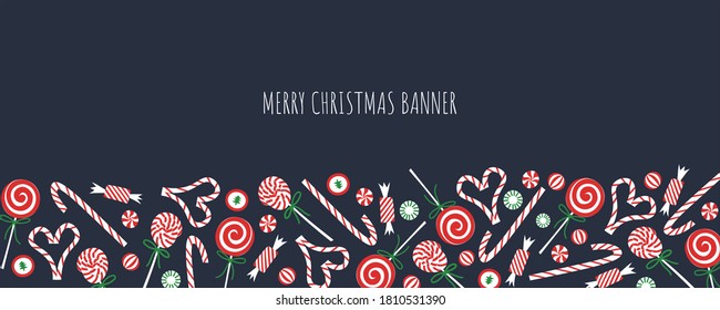 Christmas candy banner. Horizontal vector flyer template for xmas and new year celebration. Flat hand drawn sweets: cane, lollipop, bonbons. Perfect for sale offer, web site or event invitation.