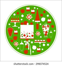 Christmas candy buffet in round frame. Vector illustration