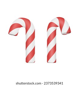 Christmas candy cane 3d rendering. Simple sweet object with white and red swirl stripes. Vector illustration, isolated design element, xmas miniature stick, gift.