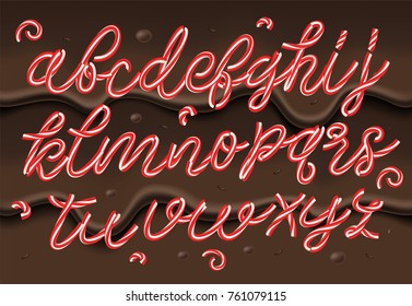 Christmas candy cane alphabet on chocolate background. Mint hard candy cane striped in Christmas colors on chocolate background. Peppermint sweet letters. Kids sugar type. Vector illustration.  