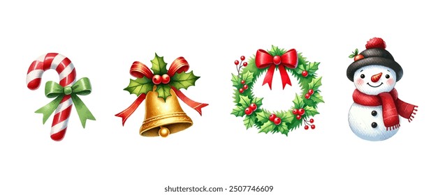 Navidades de caña de caramelo, campana, corona sagrada, muñeco de nieve, cinta roja y verde en estilo de acuarela. Ilustración vectorial de elementos de pintura de acuarela de Navidades alegres