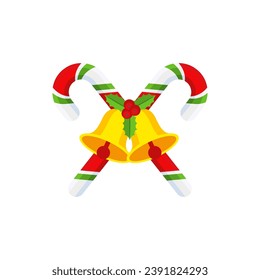 Christmas Candy Cane with bells. Design element for door wreath decoration. Holiday icon for greeting cards. Flat vector stick illustration isolated on white.