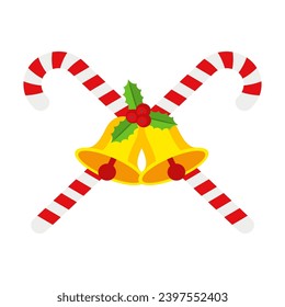Christmas Candy Cane with bells. Design element for door wreath decoration. Holiday icon for greeting cards. Flat vector stick illustration isolated on white.
