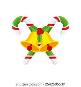 Christmas Candy Cane with bells. Design element for door wreath decoration. Holiday icon for greeting cards. Flat vector stick illustration isolated on white.