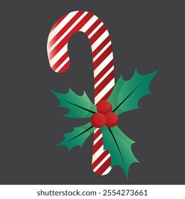 Christmas Candy Cane with berries. Design element for  wreath decoration. Holiday icon for greeting cards. Flat vector illustration isolated on black.