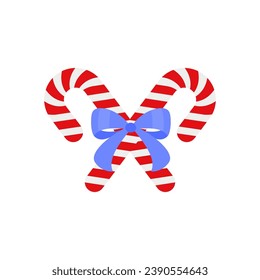 Caña de caramelo de Navidad con arco azul. Elemento de diseño para la decoración de la corona de puertas. Icono de vacaciones para tarjetas de felicitación. Ilustración de vectores planos aislada en blanco.