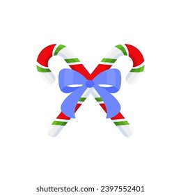 Christmas candy cane with blue bow. Design element for door wreath decoration. Holiday icon for greeting cards. Flat vector stick illustration isolated on white.