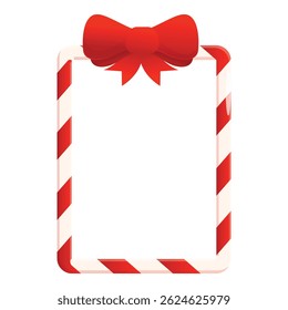 Christmas candy cane border is decorated with red bow for greeting card