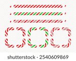 Christmas Candy Cane Borders And Corner Pieces. Seamless Lines With Striped Candy Patterns. Christmas Vector Illustration Elements To Build Your Own Frames.