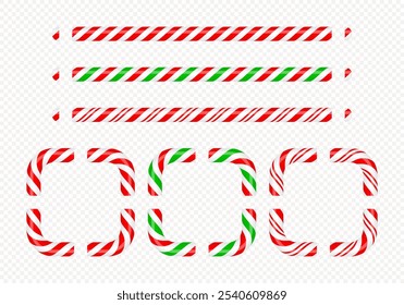 Weihnachtsschokoladenrahmen und Eckstücke. Nahtlose Linien mit gestreiften Bonbonmustern. Weihnachts-Vektorgrafik-Elemente, um Ihre eigenen Rahmen zu bauen.