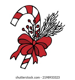 Weihnachtskerzenrohr mit Schleife ist handgezeichnet. Weihnachtskomposition mit gestreiftem Lollipop im Doodle-Stil einzeln auf weißem Hintergrund. Vektorgrafik.