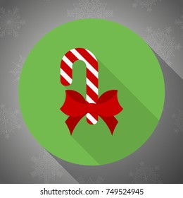 Christmas candy cane with bow icon flat design with long shadows. For web and mobile applications. It can be used as pictogram, icon, info graphic element. Vector Illustration.