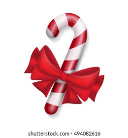Christmas candy cane with a bow isolated on white background. Vector illustration.
