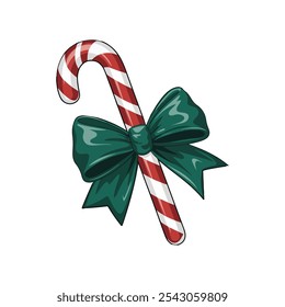 Christmas candy cane with bow ribbon vector icon