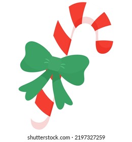 Christmas candy cane with bow. Striped holiday lollipop decorated ribbon. Vector design element for Christmas New year, winter holiday, website, mobile app, 