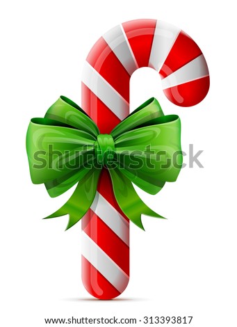 Christmas candy cane with bow. Striped holiday lollipop decorated ribbon. Vector illustration